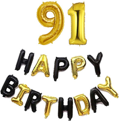 kinegic Solid 91st Birthday Decorations Combo – Happy Birthday and 91 Number Foil Balloon Set Letter Balloon(Gold, Black, Pack of 15)