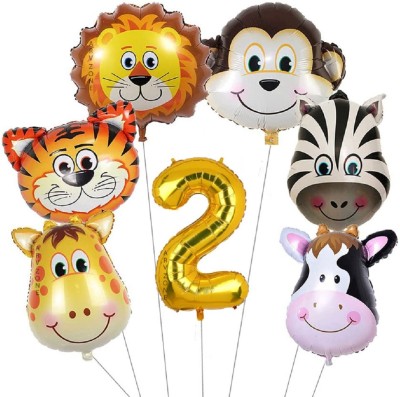 Giftzadda Solid 2nd Jungle Theme Animal Face Foil Balloon for Birthday Party Decoration of kids Balloon(Multicolor, Pack of 7)