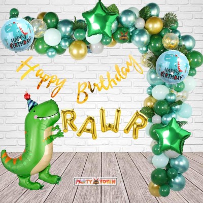 PartyTown Printed Dinosaur theme decoration combo for boys and girls jungle theme birthday party Balloon(Green, Pack of 67)