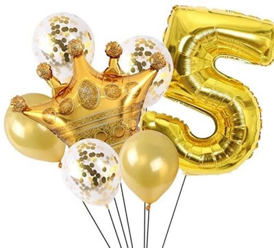 Tejal Trader Solid Gold 5 Digit Number foil Balloon with Crown Foil, Confetti and Latex Balloon Balloon(Multicolor, Pack of 12)