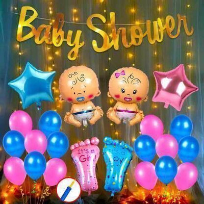 SKYWINS Solid Baby Shower Combo Decorations Material Set-48Pcs Balloon(Pink, Blue, Gold, Pack of 48)