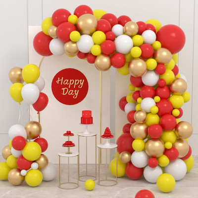R G ACCESSORIES Solid Red White Yellow Golden Balloons Garland Decoration Kit With Arch Pack Of 50 Balloon(White, Red, Yellow, Gold, Pack of 50)