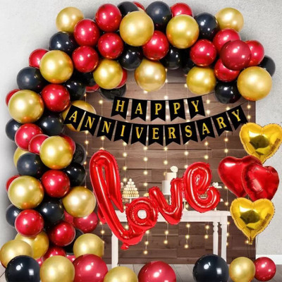 PARTY MIDLINKERZ Solid Happy Anniversary Decoration Kit - 70Pcs with LED Light Banner, Arch, Balloons Balloon(Red, Gold, Black, Pack of 70)