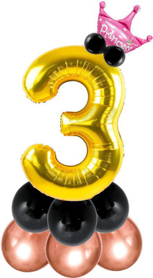 Decor Mantra Solid Three Number Foil Crown Set Golden Balloon For Birthday Anniversary No.3 Shape Letter Balloon(Gold, Pink, Black, Pack of 1)