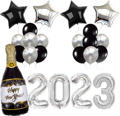 CherishX.com Solid Black & Silver Balloons For New Year Decoration - Pack of 30 - Digit Foil, Star Shape Foil, Metallic & Latex Balloons Foil Balloon Kit DIY Decoration Party Kit Party Supplies Balloon Bouquet(Multicolor, Pack of 30)