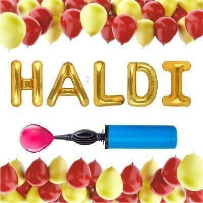 SKYWINS Solid Haldi Foil Banner with Gold, Red Metallic Balloons Pump Combo set of 36 Balloon(Multicolor, Pack of 36)
