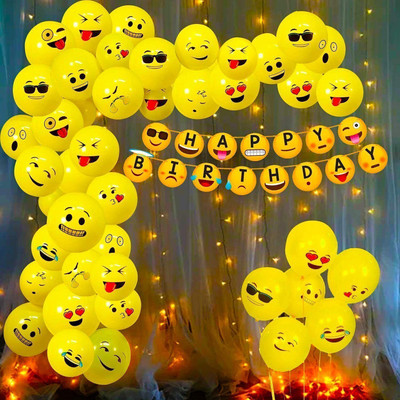 DD Enterprises Solid Emoji Theme Birthday Decoration Kit Happy Birthday Banner With Led Lights Balloon(Yellow, Pack of 52)