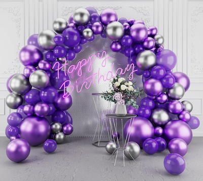 R G ACCESSORIES Solid Purple Silver Balloons Garland Decoration Kit With Arch Pack Of 50 Balloon(Purple, Silver, Pack of 50)