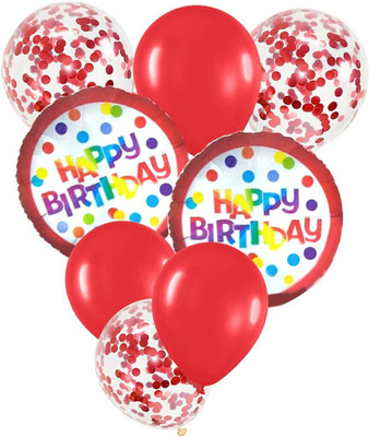 Tejal Trader Printed Happy Birthday Balloon Set of 8 Piece Bouquet Round Confetti Metallic Red Balloon(Red, Pack of 8)