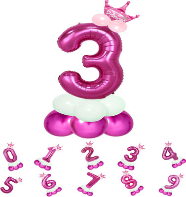 Party Bird Solid Birthday/Anniversary Decoration Pastel Balloons,Crown,3 Number Foil Balloons Set Letter Balloon(Pink, Pack of 14)