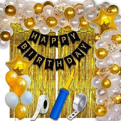 PARTY MIDLINKERZ Solid White Black Happy Birthday Decoration items Kit Combo, 1st with pump girl boy Balloon(Gold, White, Pack of 63)