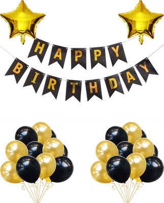 Fundots Solid Happy Birthday Decoration Kit for Boys, Decoration Items for Birthday Party Balloon Bouquet(Gold, Black, Pack of 33)