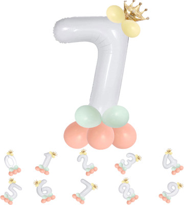 Décor Mantra Solid Pastel Balloons,Crown,7 Number Foil Balloons Set Birthday/Anniversary Decoration Letter Balloon(White, Pack of 13)