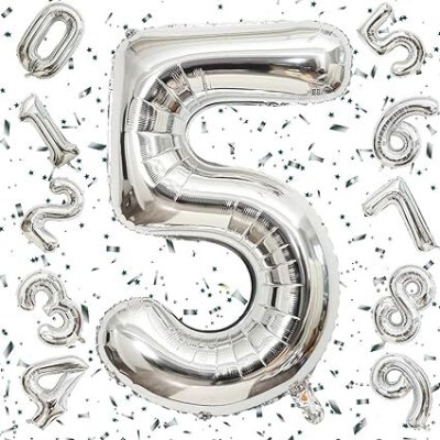 toyuniverse Solid 32 inch Number Five '5' Foil Balloon Silver,5th Birthday/Anniversary FoilBalloon Letter Balloon(Silver, Pack of 1)