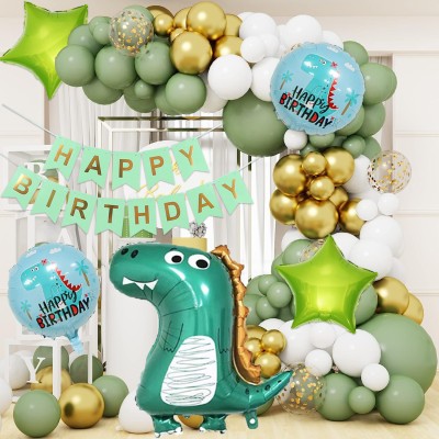 Rozi Decoration Solid Jungle Theme Birthday Decoration Kit For Boys Dinosaur /Banner/Balloon/Arch/Glue Balloon Bouquet(Multicolor, Pack of 63)