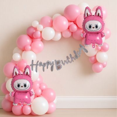 GIFTELLA Solid Labubu Printed Foil Balloon with Pastel Pink & White Balloon Balloon(Pink, White, Silver, Pack of 75)