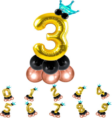 Bubble Bells Solid Pastel Balloons,Crown,3 Number Foil Balloons Set Birthday/Anniversary Decoration Letter Balloon(Gold, Pack of 14)