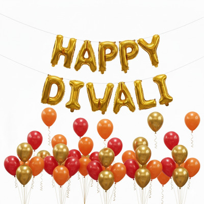 Super Easy Solid 50 Pcs Balloons with Happy Diwali Foil Banner Perfect Diwali Festival Decoration Balloon(Orange, Red, Gold, Pack of 51)