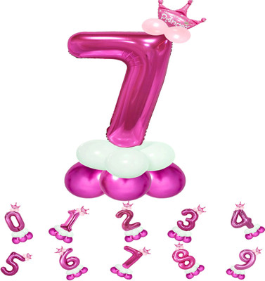 Party Bird Solid Birthday/Anniversary Decoration Pastel Balloons,Crown,7 Number Foil Balloons Set Letter Balloon(Pink, Pack of 14)