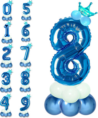 Bubble Bells Solid Pastel Balloons,Crown,8 Number Foil Balloons Set Birthday/Anniversary Decoration Letter Balloon(Blue, Pack of 14)