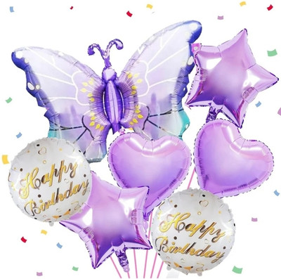 flipmate Solid Printed Purple Butterfly With Heart & Star Foil For Birthday Party Decoration Airwalker(Purple, Pack of 7)