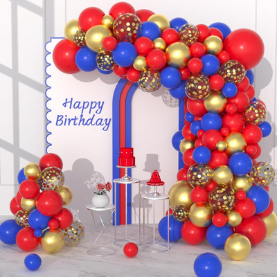R G ACCESSORIES Solid Red Blue Balloons Garland Decoration Kit With Arch Ribbon Pack Of 50 Balloon(Red, Blue, Gold, Pack of 50)