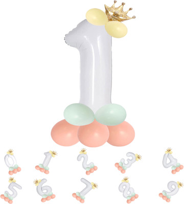 Party Bird Solid Birthday/Anniversary Decoration Pastel Balloons,Crown,1 Number Foil Balloons Set Letter Balloon(White, Pack of 13)