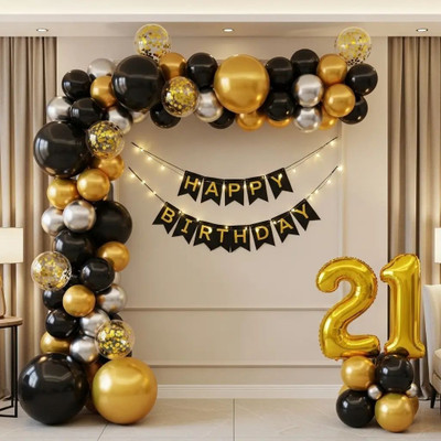 GIFTELLA Solid Black Gold & Silver Chrome Balloons with Confetti & LED Light with Black banner Balloon(Black, Gold, Silver, Pack of 113)