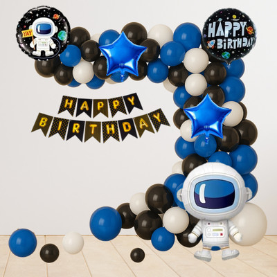 GIFTELLA Solid Astronaut birthday decoration kit with happy birthday banner and foil Balloon(Blue, Black, White, Pack of 107)