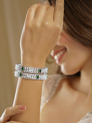 RUBANS Brass Cubic Zirconia Rhodium Bangle Set(Pack of 2)
