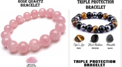 Tanishee- The Real Jewels Rose Quartz, Tiger's Eye, Black Obsidian Crystal Bracelet(Pack of 2)
