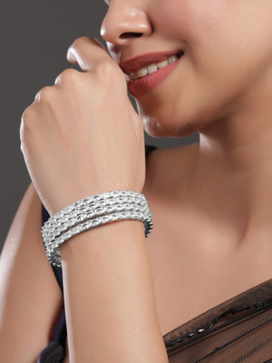 RUBANS Brass Cubic Zirconia Rhodium Bangle Set(Pack of 4)