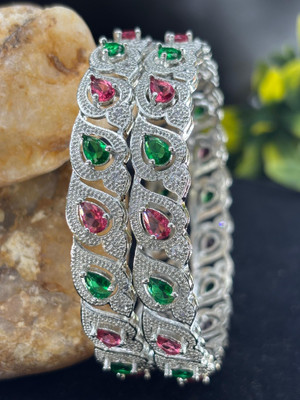 MTC Brass Cubic Zirconia Silver Coated Bangle Set(Pack of 2)