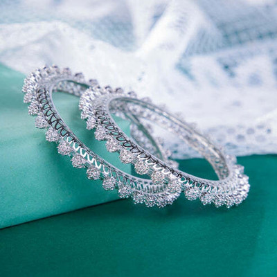 Opal Touch Brass Cubic Zirconia Rhodium Bangle Set(Pack of 2)