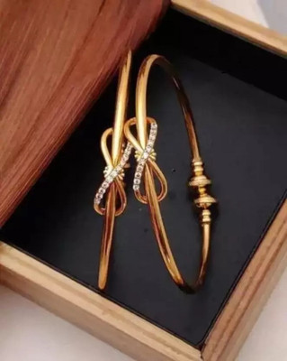 S K D J Brass Cubic Zirconia, Diamond Gold-plated Bangle Set(Pack of 2)