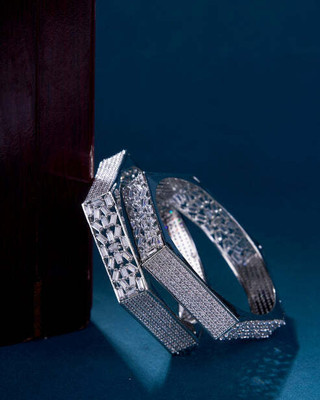 Opal Touch Brass Cubic Zirconia Rhodium Bangle Set(Pack of 2)
