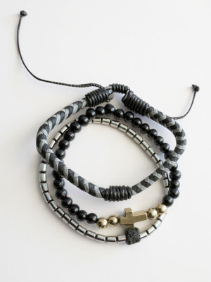 RAPPERSSHOP Brass, Leather, Stainless Steel Rhodium Bracelet Set(Pack of 3)
