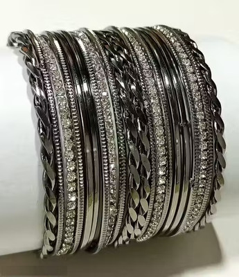 Honbon Metal Cubic Zirconia Black Silver Bangle Set(Pack of 20)