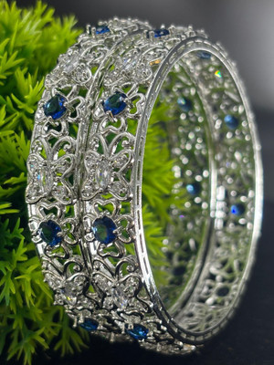MTC Brass Cubic Zirconia Silver Coated Bangle Set(Pack of 2)