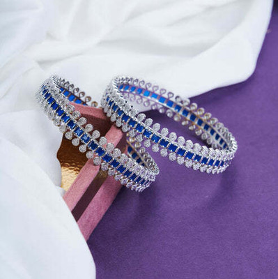 Opal Touch Brass Cubic Zirconia Rhodium Bangle Set(Pack of 2)