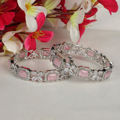 GLINT STORE Silver Zircon Rhodium Bangle Set(Pack of 2)