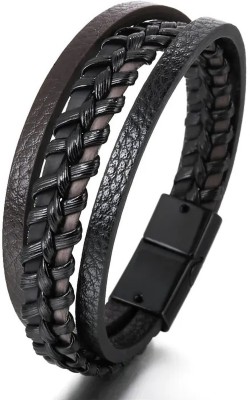 MEENAZ Metal, Alloy, Steel, Stainless Steel, Leather Black Silver Bracelet