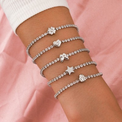 Shining Diva Alloy Crystal Silver Bracelet Set(Pack of 5)