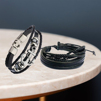 Jewelgenics Leather Beads Sterling Silver Bracelet Set(Pack of 2)