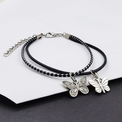 SAIIZEN Leather Silver Charm Bracelet