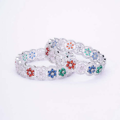 Opal Touch Brass Cubic Zirconia Rhodium Bangle Set(Pack of 2)