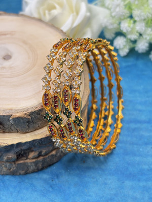 kewai Brass Diamond Gold-plated Bangle Set(Pack of 4)