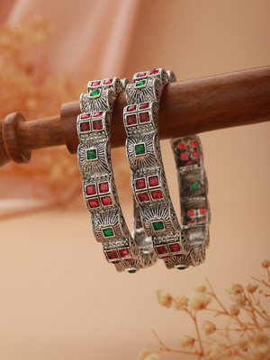AATMANA Oxidised Silver Cubic Zirconia Silver Bangle Set(Pack of 2)