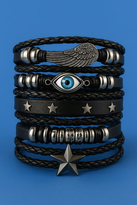 University Trendz Leather Silver Coated Bracelet Set(Pack of 5)
