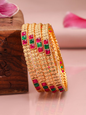 RUBANS Brass Cubic Zirconia Gold-plated Bangle Set(Pack of 4)